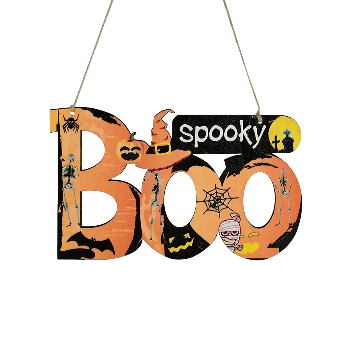 Orange halloween wooden hanging sign with black accents featuring boo and spooky skeletons bats pumpkins and mummies