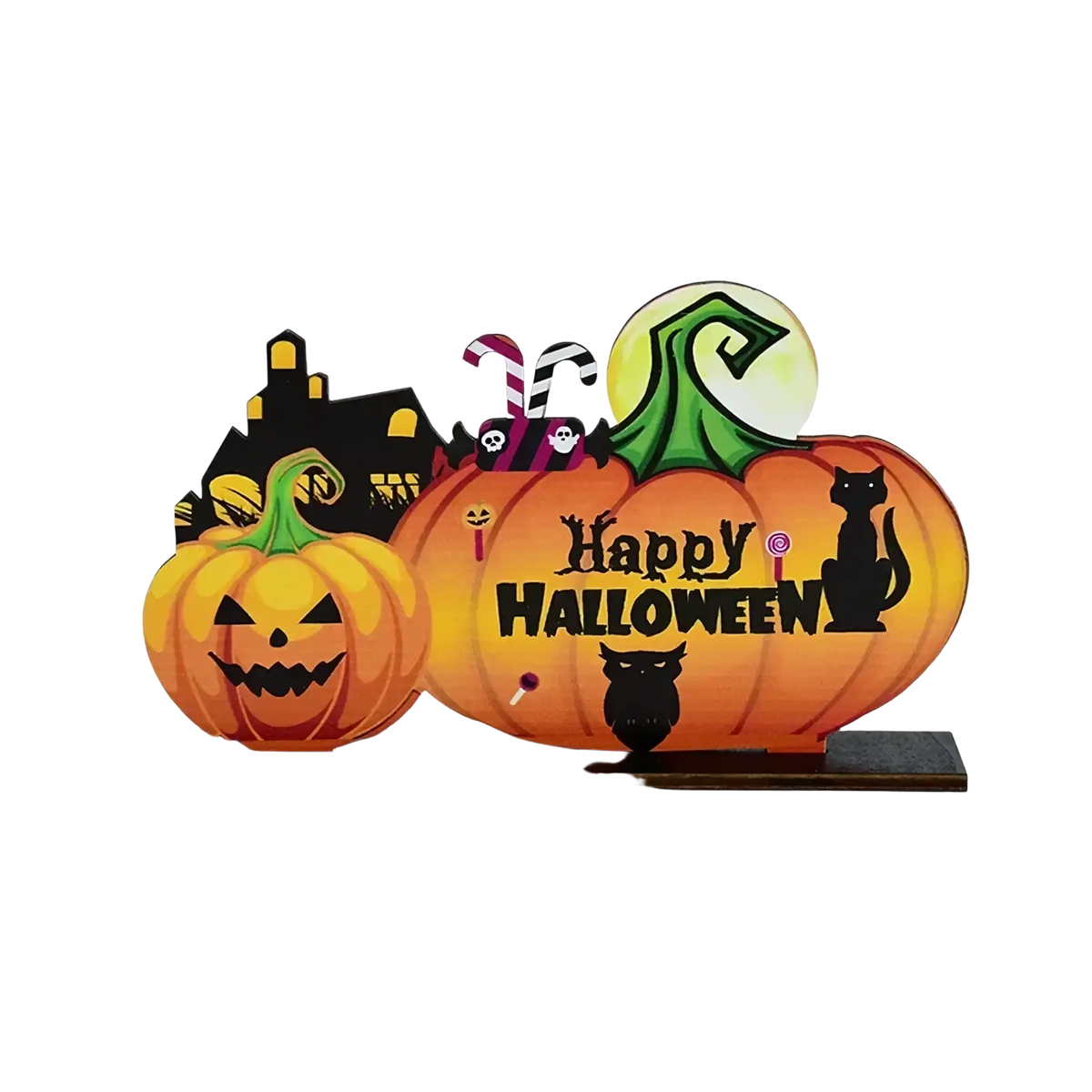Halloween wooden hanging sign pumpkin door decoration featuring orange carved pumpkins haunted house candy canes cats and owl