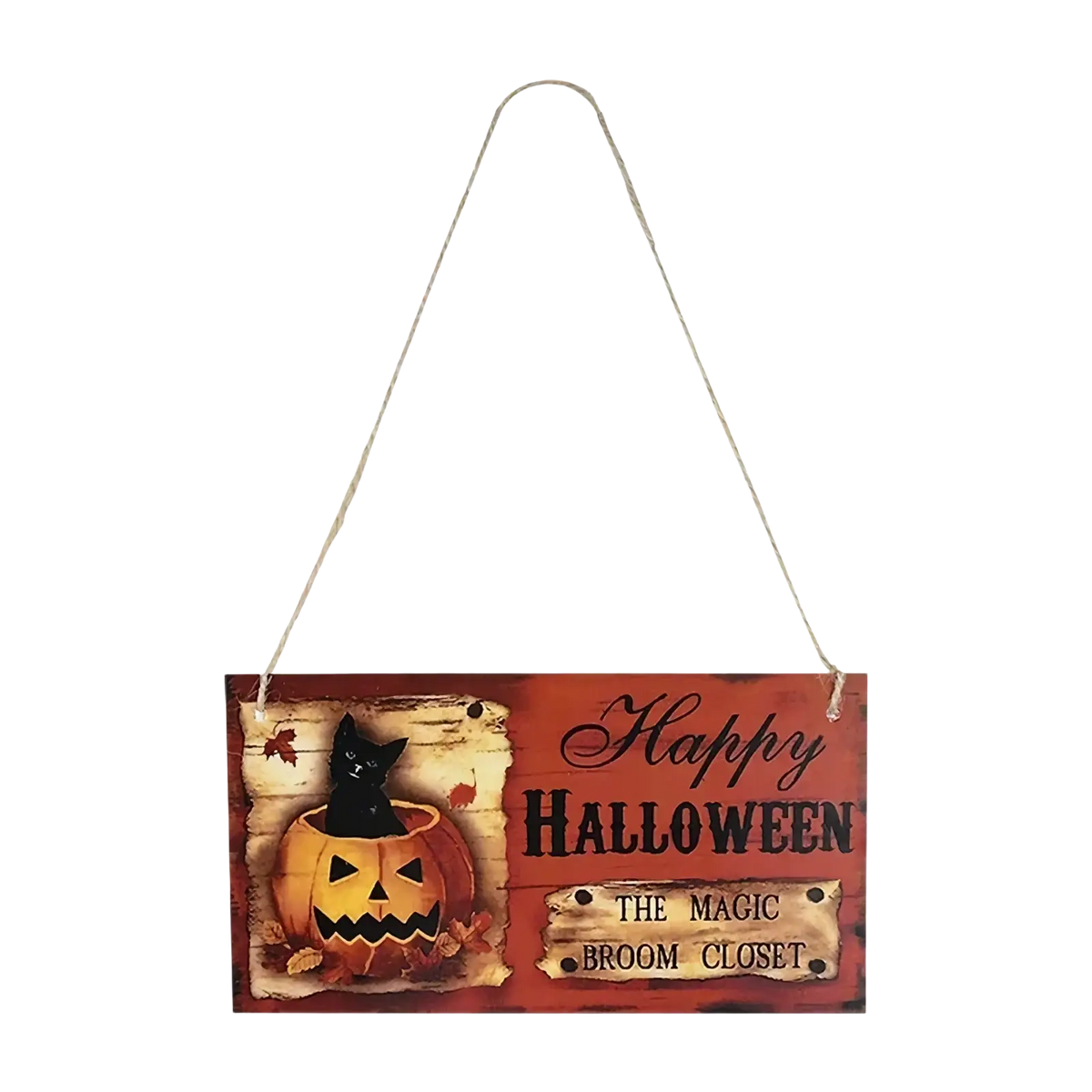 A rustic wooden halloween hanging sign featuring a black cat in an orange pumpkin with happy halloween text