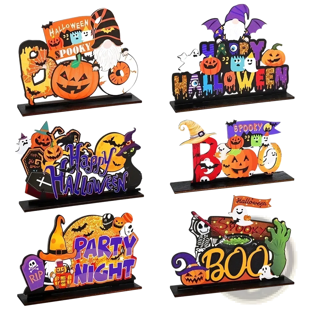 Halloween wooden hanging sign pumpkin door decoration with colorful carved pumpkins ghosts and spooky characters