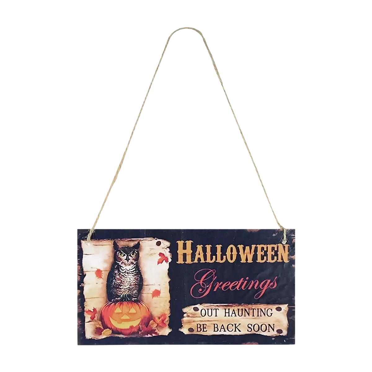 Halloween wooden hanging sign with a carved owl on a pumpkin featuring distressed black beige paint and gold pink lettering