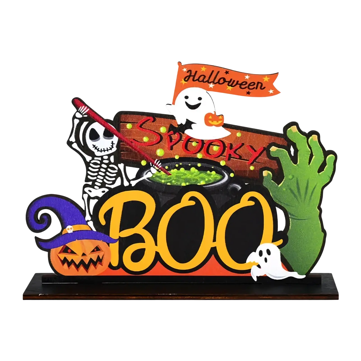 Halloween wooden hanging sign with colorful skeleton ghost pumpkin and zombie hand cutouts for door decoration