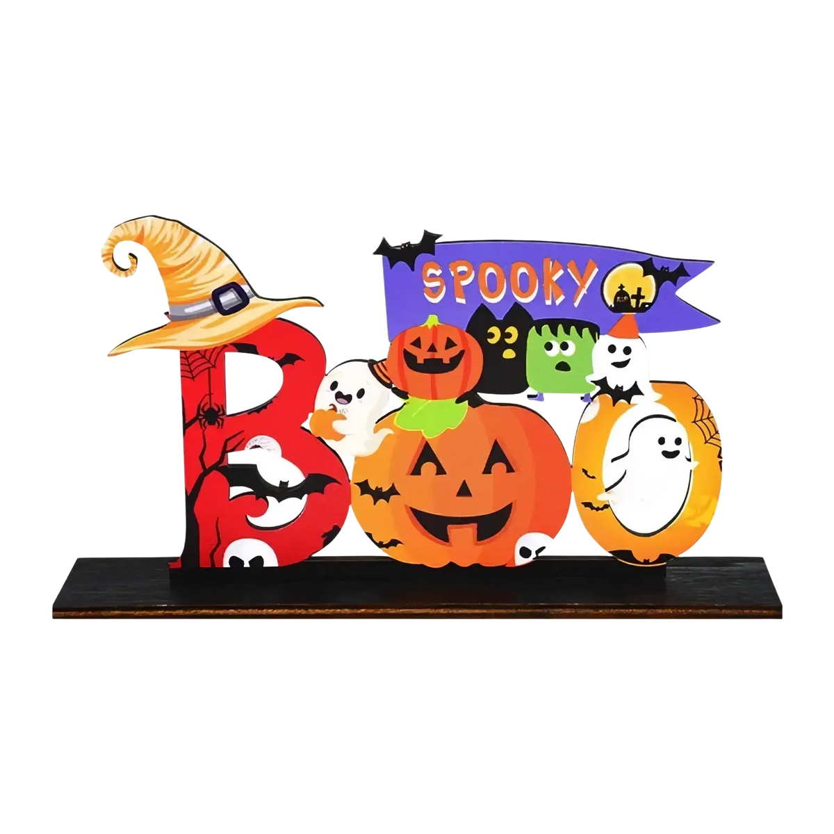 Halloween wooden hanging sign featuring colorful carved boo letters, witch hat, jack-o-lanterns, ghosts, and spooky banner