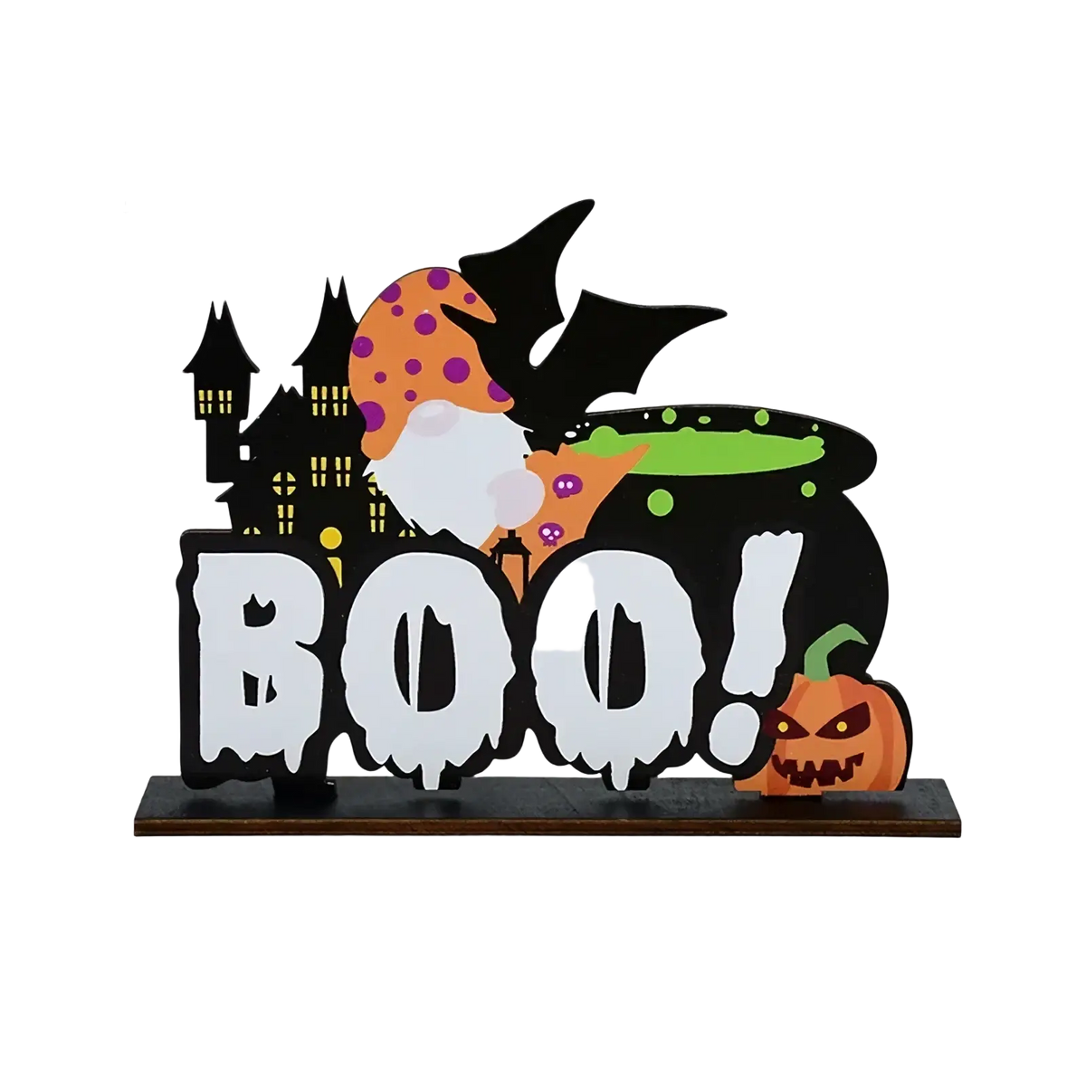 Halloween wooden hanging sign door decoration with witch, cauldron, pumpkin, and white boo lettering