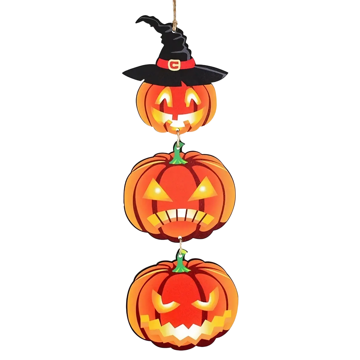 Halloween wooden hanging sign pumpkin door decoration featuring three carved orange pumpkins and a black witch hat