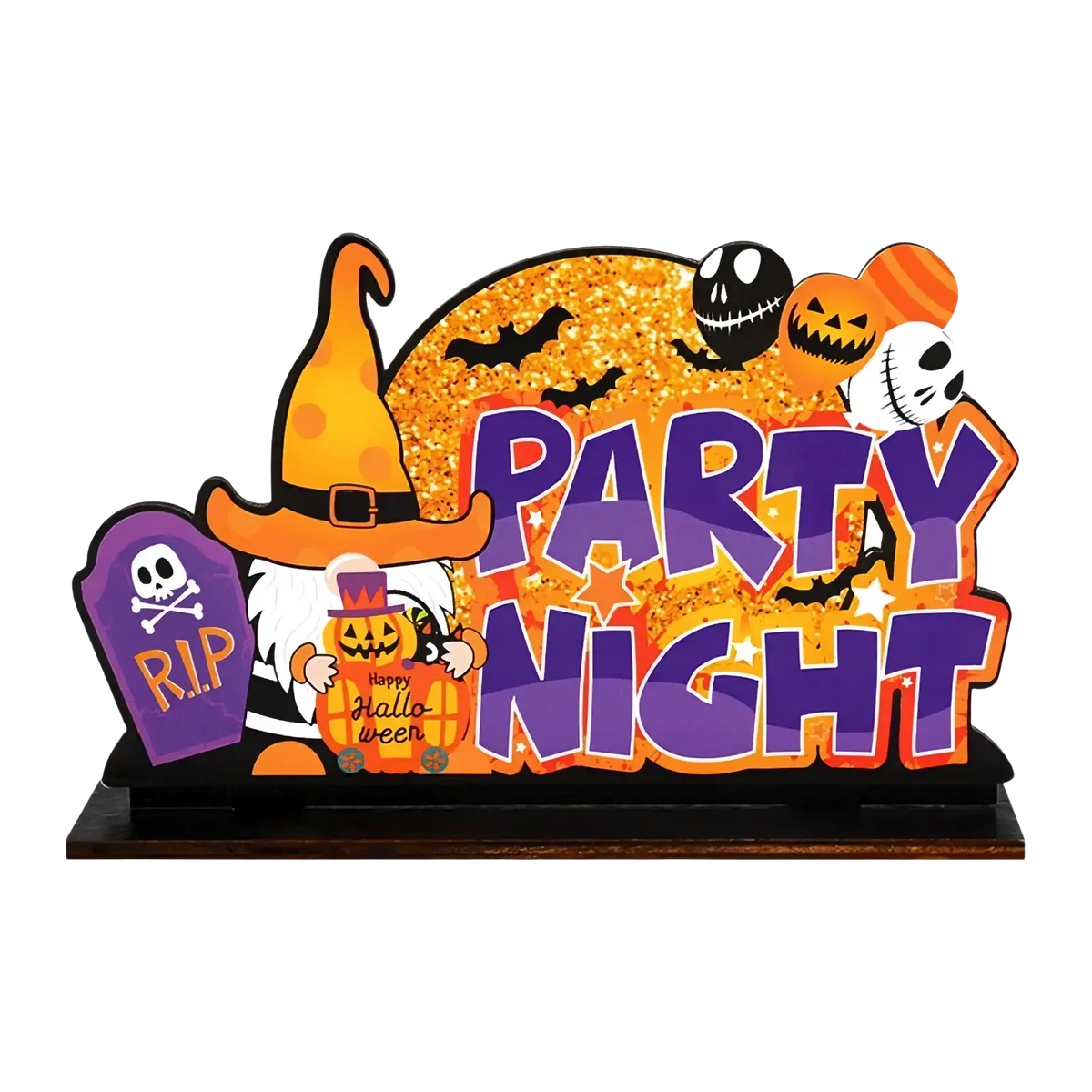 Halloween wooden hanging sign featuring a glittery orange moon jack-o-lanterns and a witch with a purple tombstone design
