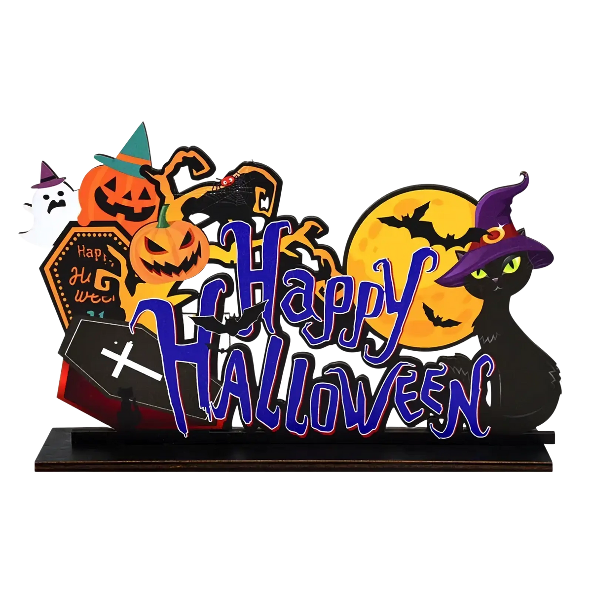 Vibrant halloween wooden hanging sign with carved pumpkins, witch cat, bats, and bold blue happy halloween lettering