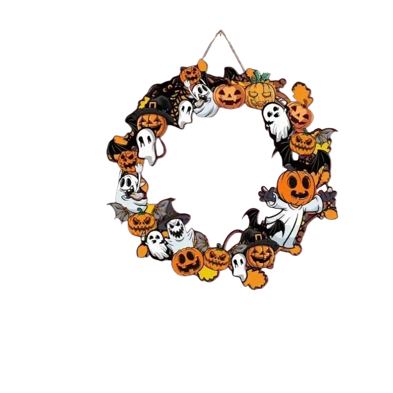 A festive halloween wooden pumpkin and ghost hanging sign with cartoonish orange pumpkins and white ghosts