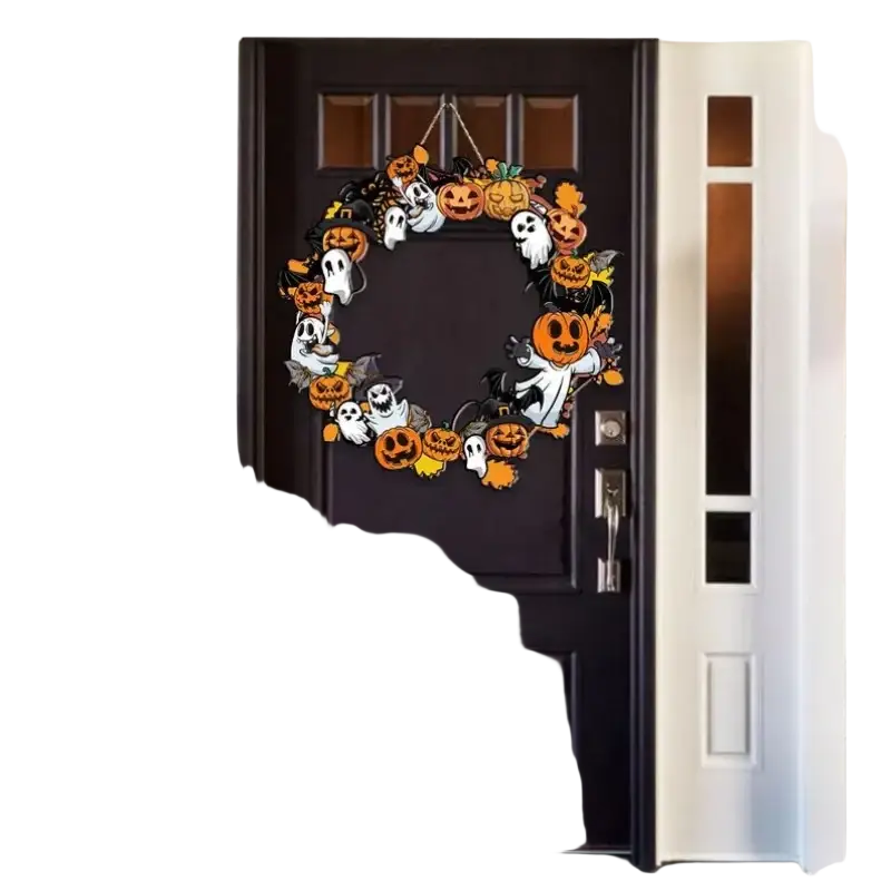Halloween wooden pumpkin and ghost hanging sign featuring a festive wreath with cartoon pumpkins and ghosts in orange white and black