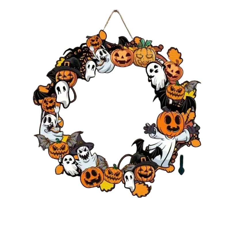A festive halloween wooden pumpkin and ghost hanging sign with cartoonish orange pumpkins white ghosts and black bats