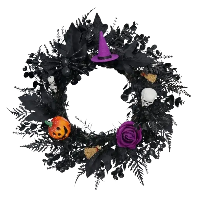 Black halloween wreath featuring a purple witch hat, orange pumpkin, white skull, and purple rose decoration