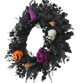 Halloween wreath featuring black artificial foliage with a purple witch hat skull orange pumpkin face and purple rose