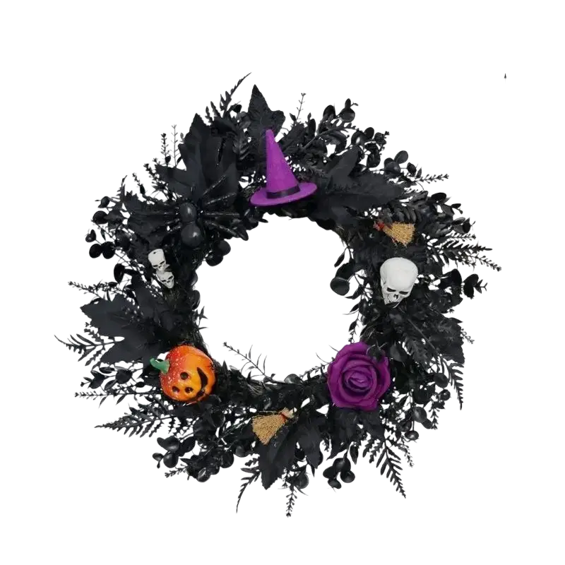 Black halloween wreath featuring a purple witch hat, orange pumpkin, white skull, and purple rose decoration