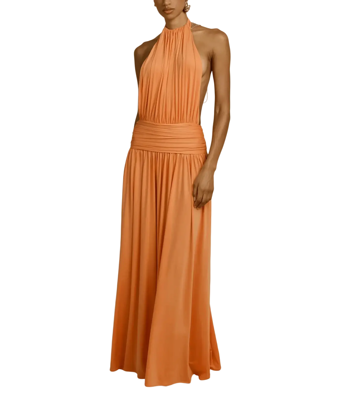 A flowing halter-neck orange maxi dress with pleated bodice and waistband for elegant evening party wear