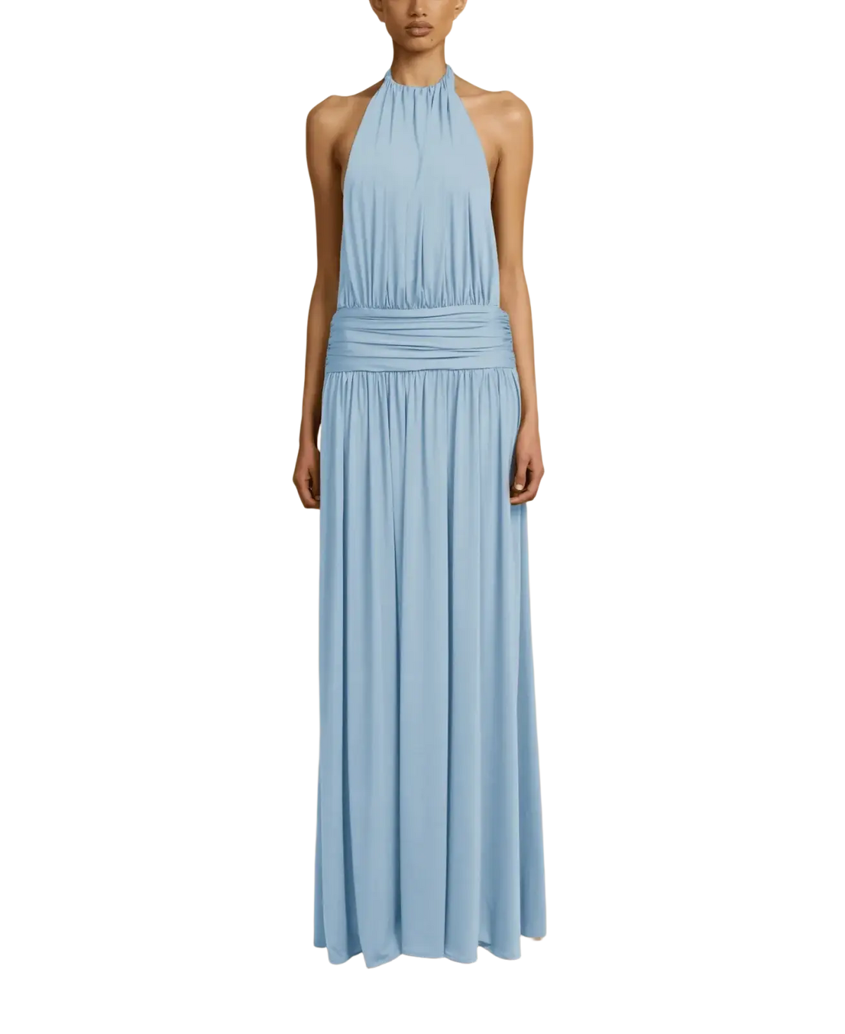 A flowing light blue halter-neck pleated maxi dress with ruched waistband and soft draped fabric for elegant evening wear