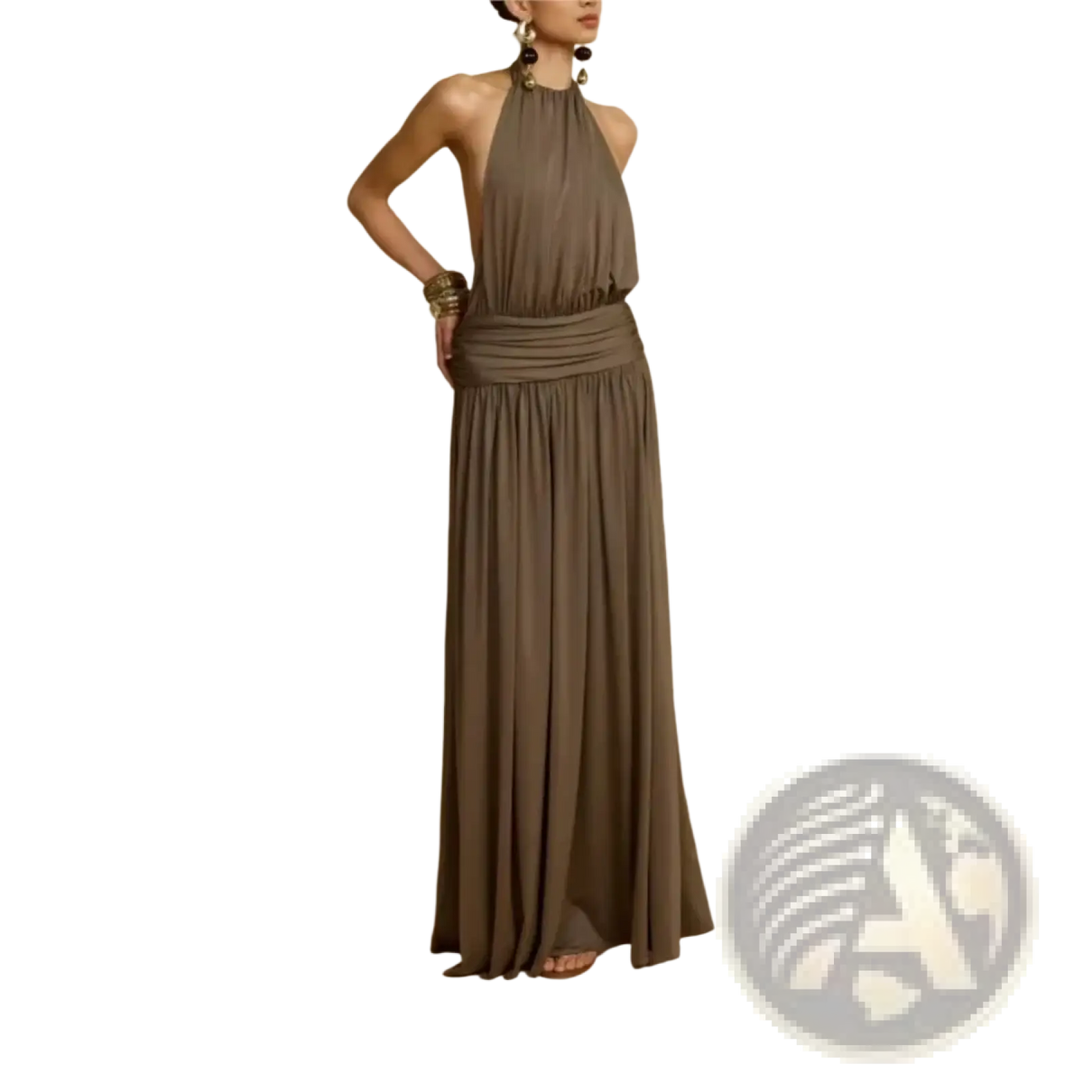 Elegant olive green halter-neck pleated maxi dress with ruched waist and draped fabric for evening party wear