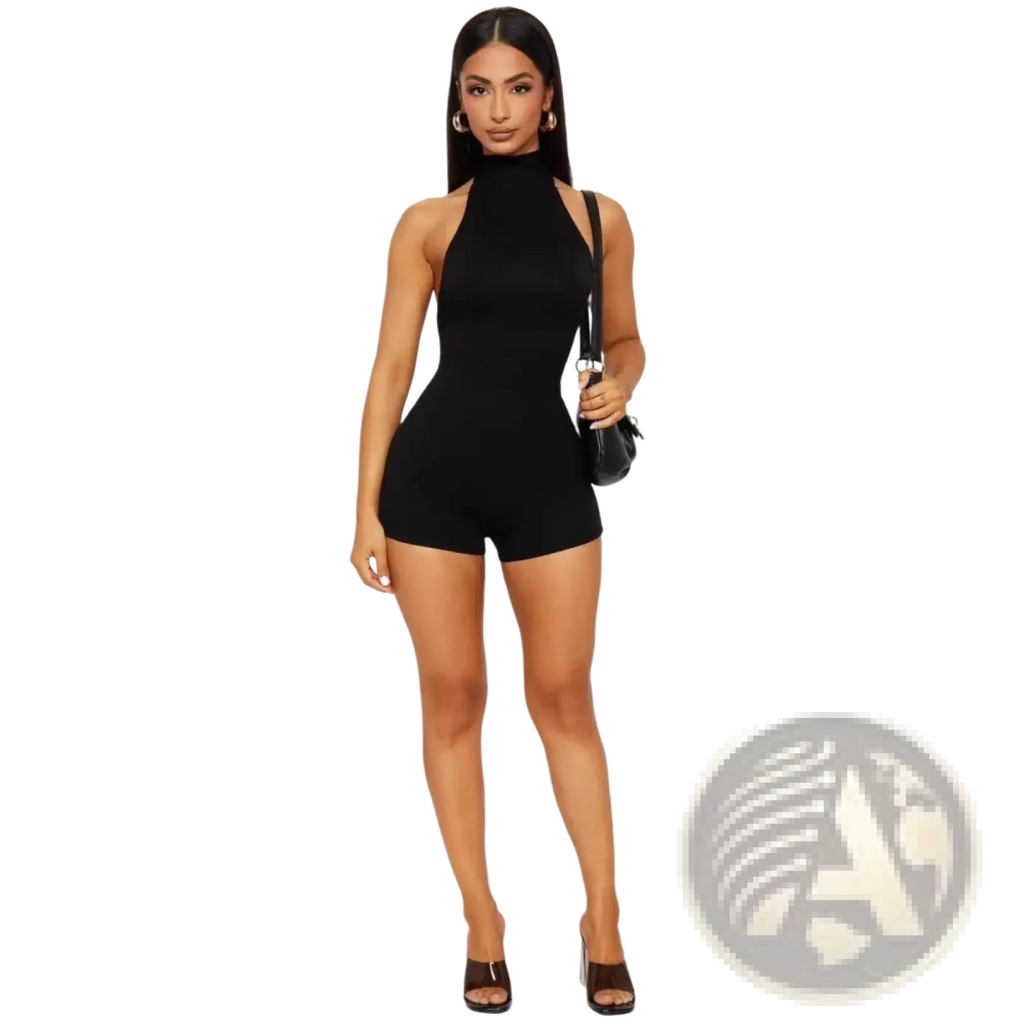 Black high-neck sleeveless jumpsuit with short legs and slim backless design in a halter romper style