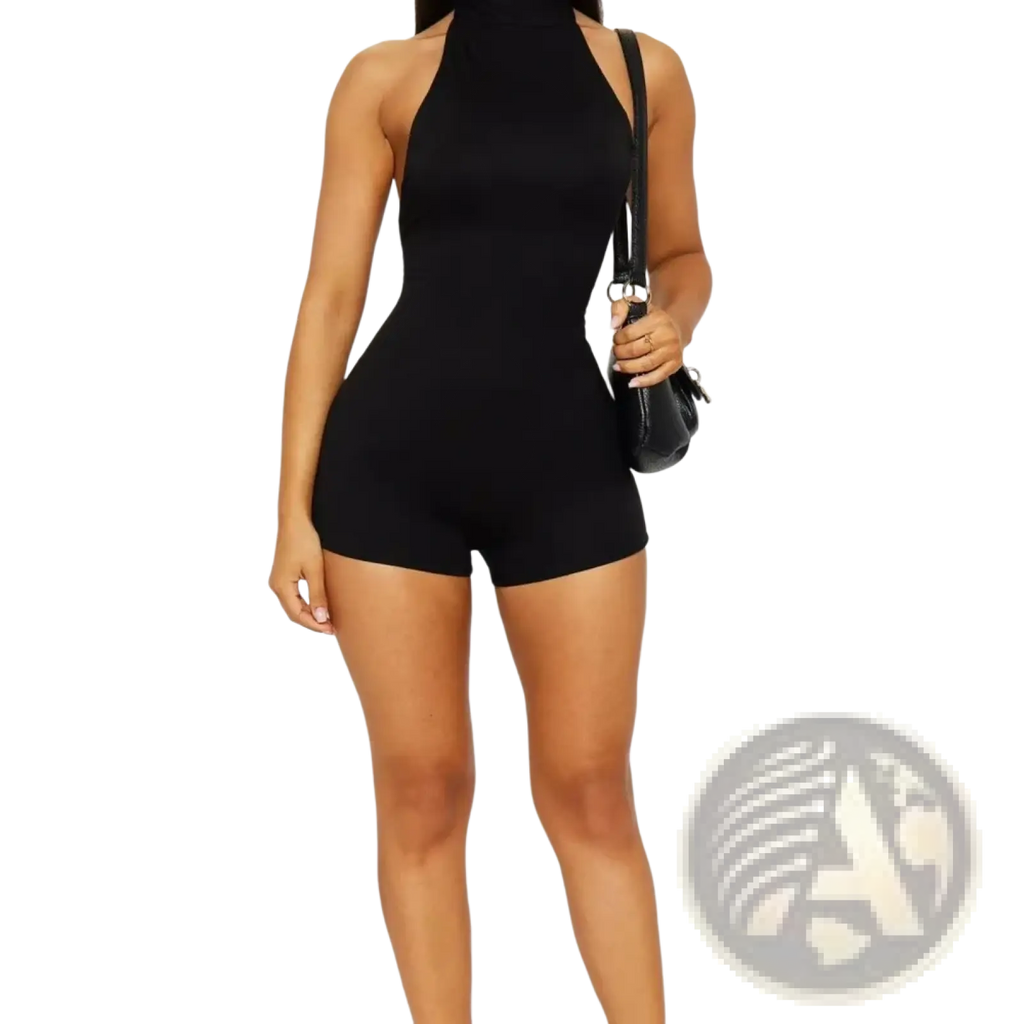 Black high-neck sleeveless halter romper with short legs and slim backless bodysuit silhouette in form-fitting design