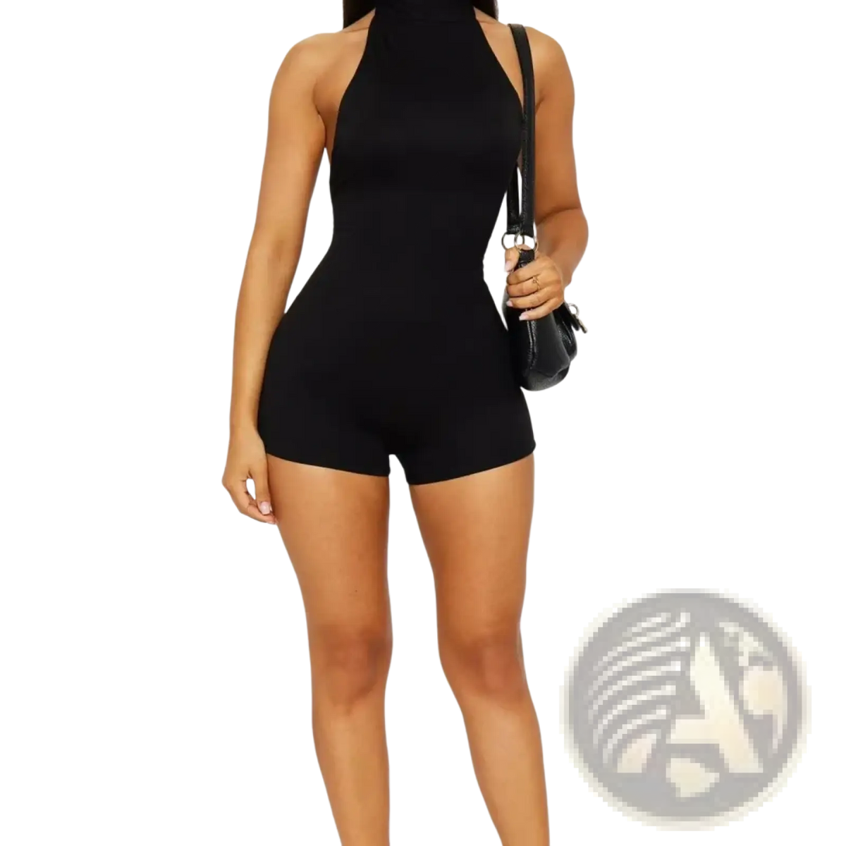 Black high-neck sleeveless halter romper with short legs and slim backless bodysuit silhouette in form-fitting design