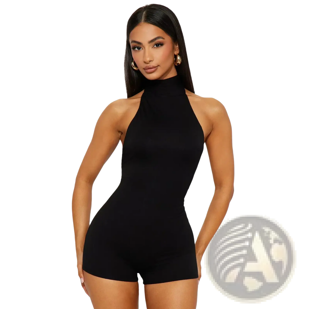 Black slim backless high-neck halter jumpsuit showing the back side, designed as a sleek bodysuit romper