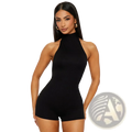 Black slim backless high-neck halter jumpsuit showing the back side, designed as a sleek bodysuit romper