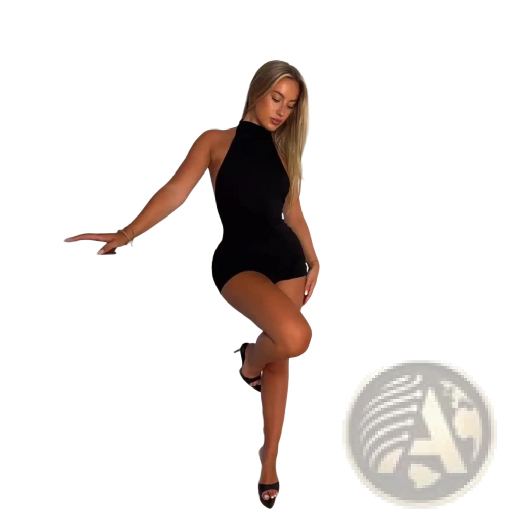Black halter neck slim backless bodysuit romper designed for a sleek and stylish fit