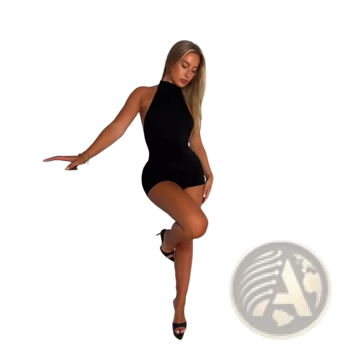 Black halter neck slim backless bodysuit romper designed for a sleek and stylish fit