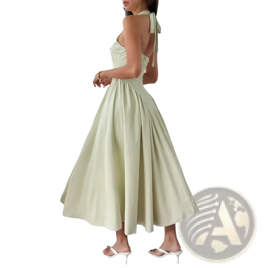A flowing mint green halter evening dress with a pleated skirt and back tie for elegant autumn wear