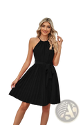 Black halter neck chiffon mini dress with pleated skirt and matching belt shown from the back side