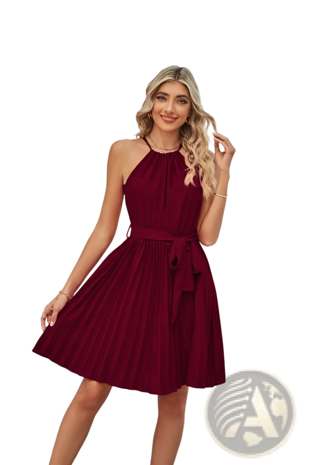 A women’s maroon halterneck chiffon mini dress with pleated skirt and matching belt