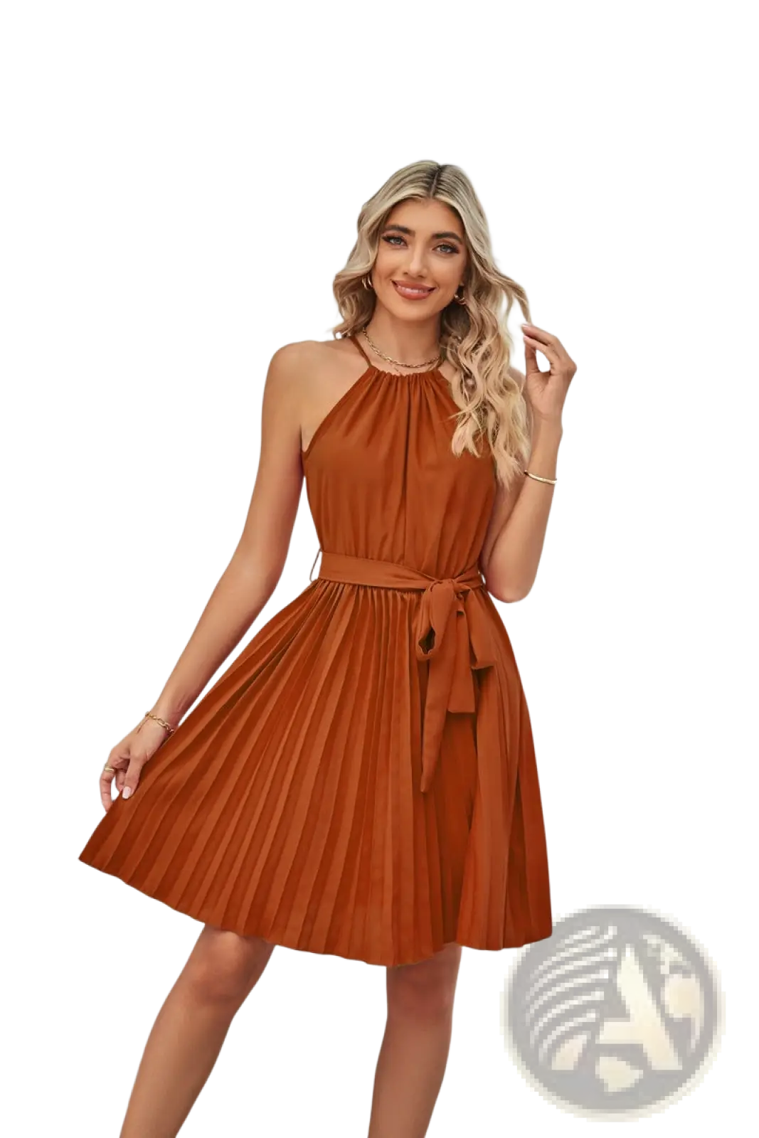 Rust-colored pleated chiffon mini halter neck dress with tied waistband belt for elegant occasions