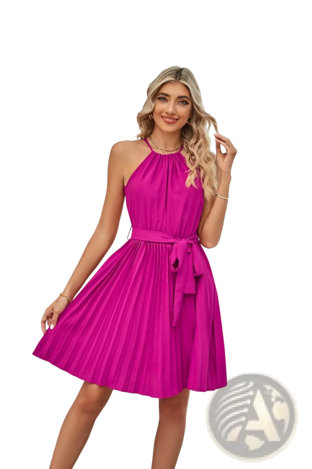 A vibrant fuchsia halter neck pleated chiffon mini dress with a matching belt tied at the waist