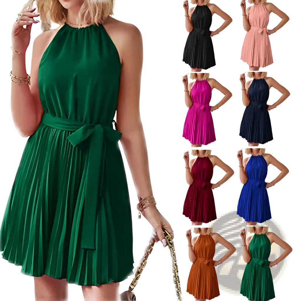 Emerald green halter neck pleated chiffon mini dress with matching belt tied in a bow at the waist