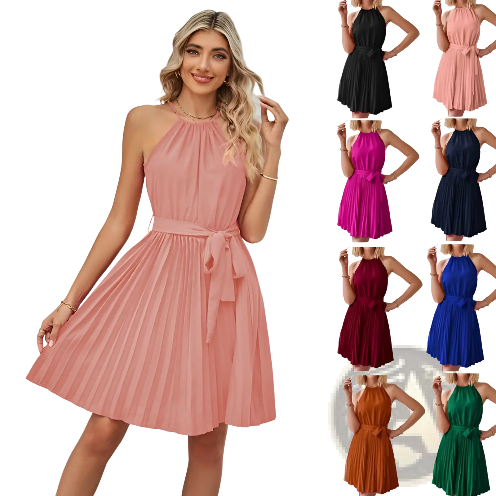 A flowing pink chiffon halter neck pleated mini dress with a matching belt tied at the waist
