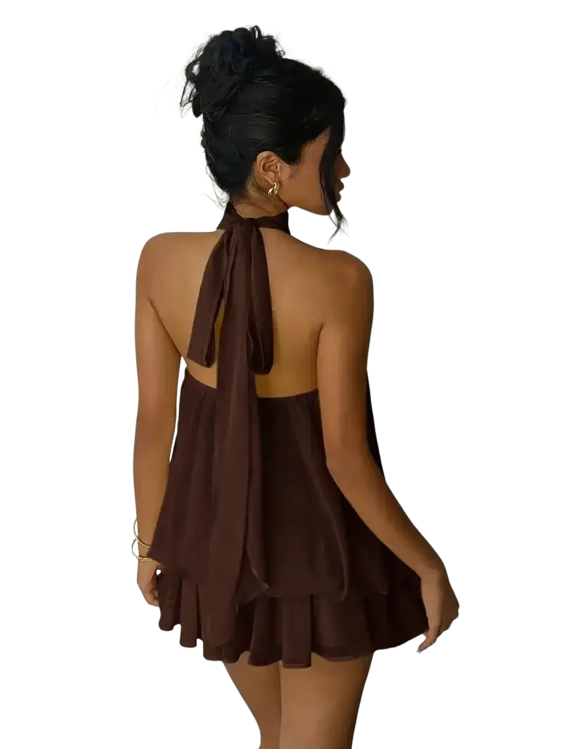 A back view of a backless brown halter ruffle mini dress with tied neckline ideal for summer beachwear