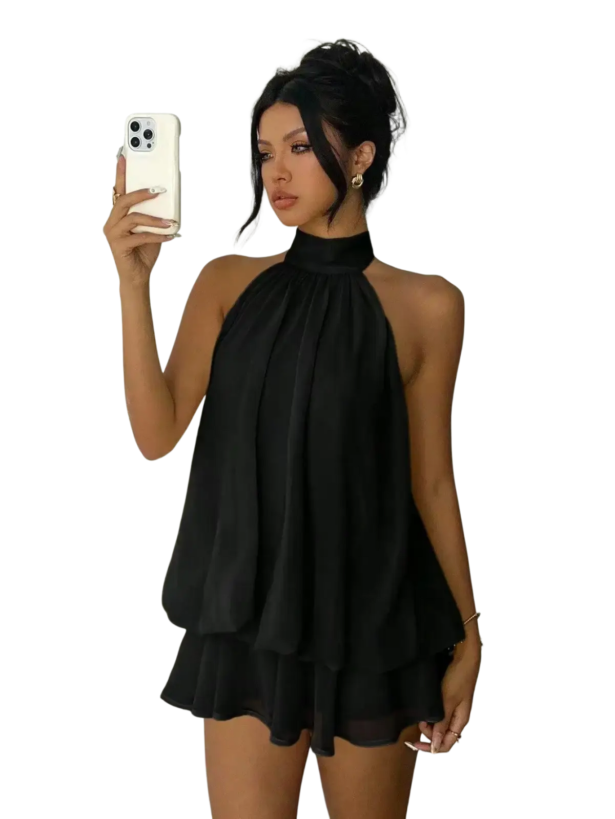 Black halter-neck mini dress with layered ruffles and high neckline perfect for summer beachwear occasions