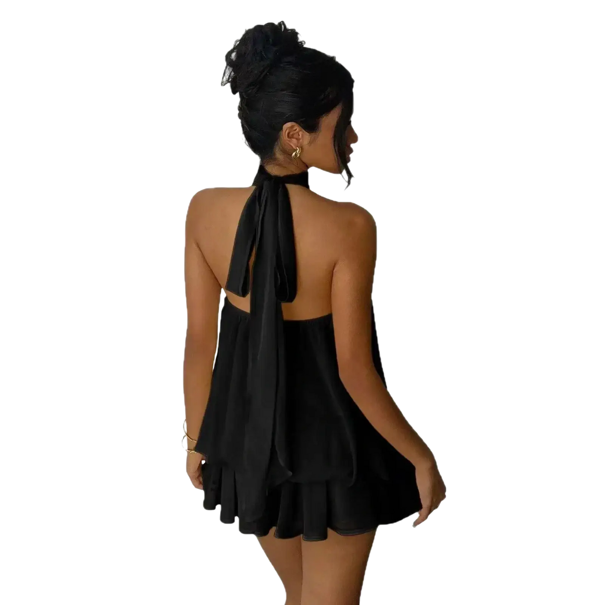 Black halter-neck mini dress with flowing back tie and ruffled hem designed for summer beachwear