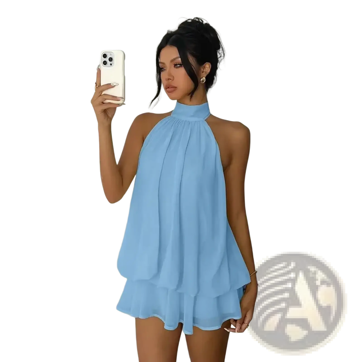 A light blue sleeveless halter ruffle mini dress with a flowing sheer layered skirt for summer beachwear