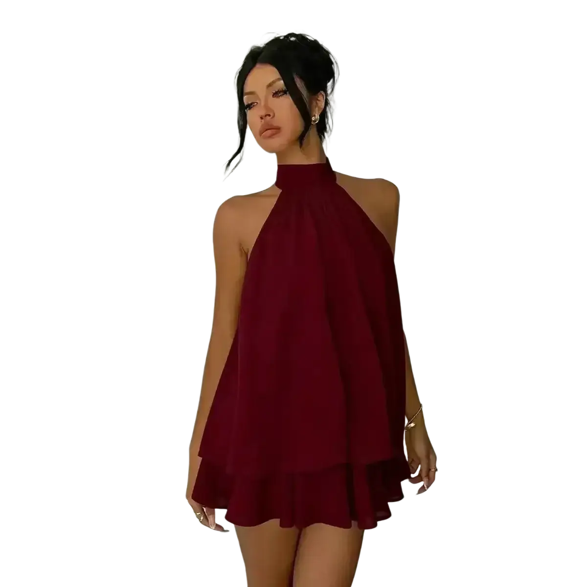 A sleeveless halter neck mini dress in rich burgundy with layered ruffles suitable for summer beachwear