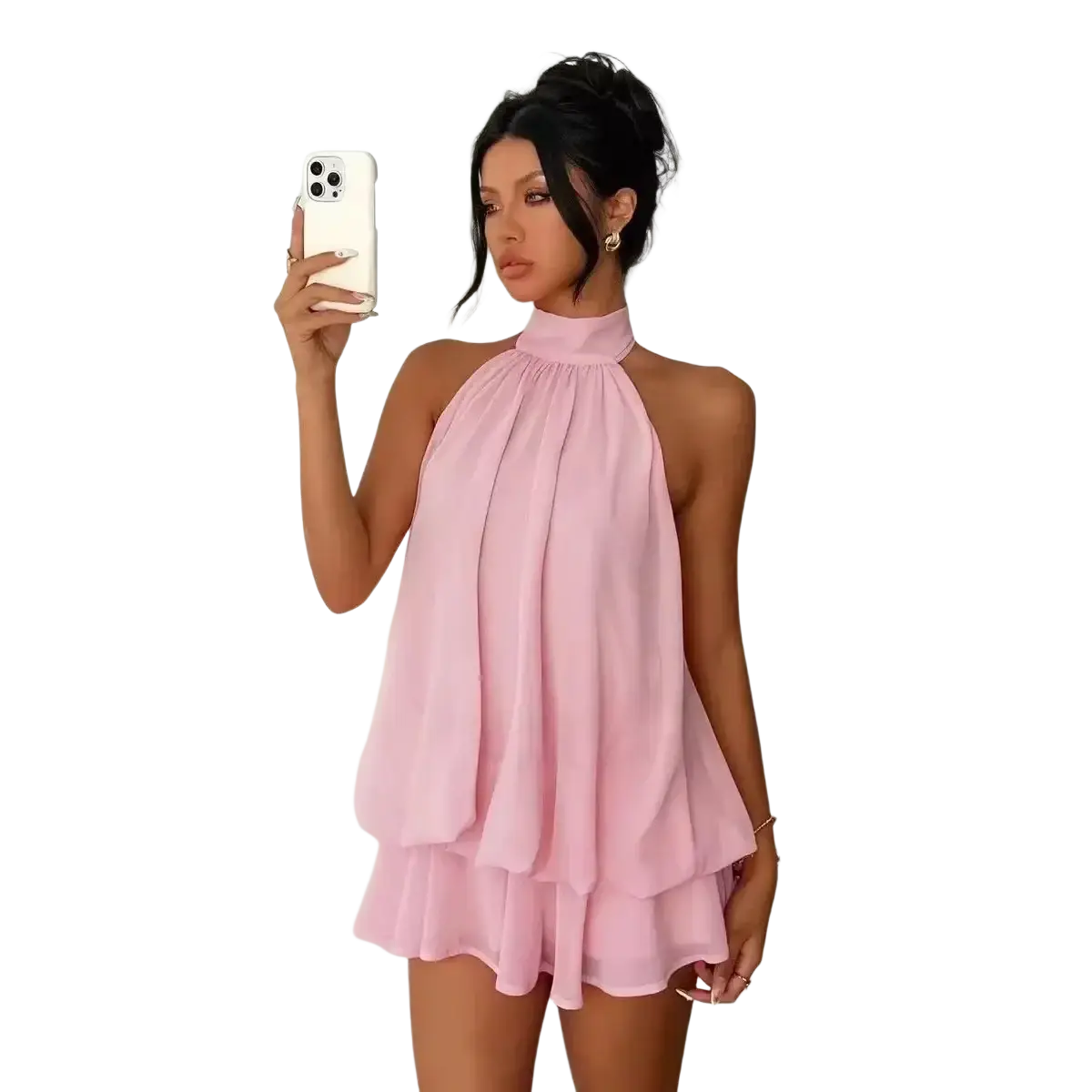 A soft pink sleeveless halter neck mini dress with layered ruffles perfect for summer beachwear
