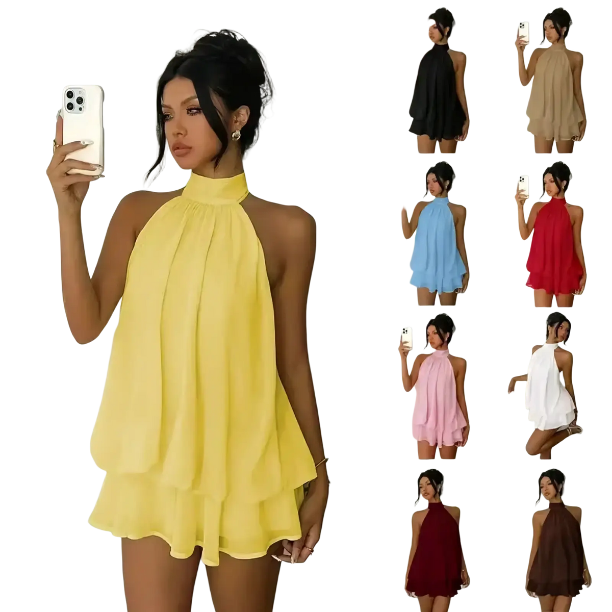 Yellow halter ruffle mini dress with layered lightweight fabric perfect for summer beachwear