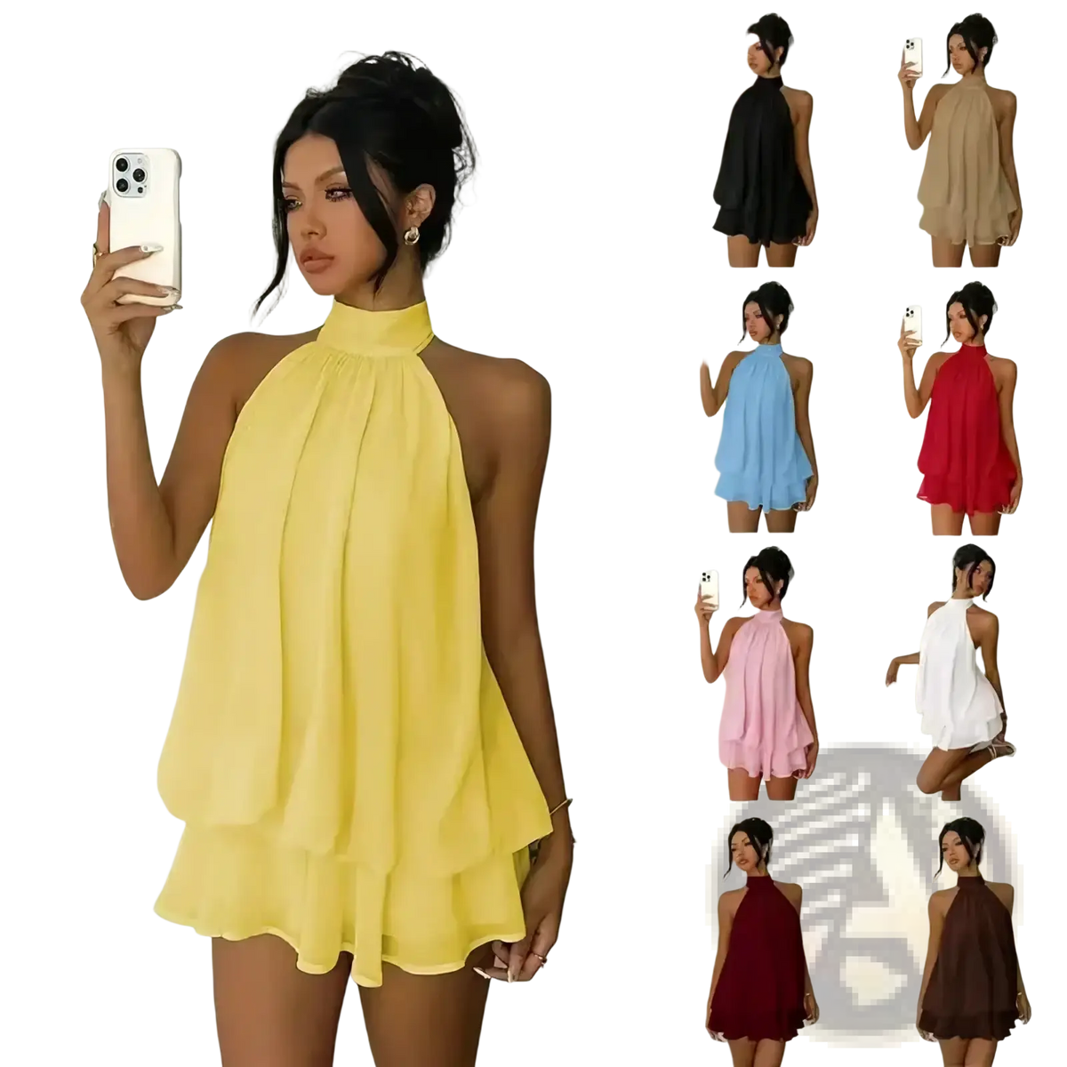 Yellow halter ruffle mini dress with layered lightweight fabric perfect for summer beachwear