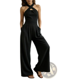 Black ribbed halter neck jumpsuit with cross front neckline and wide leg pants for stylish casual wear