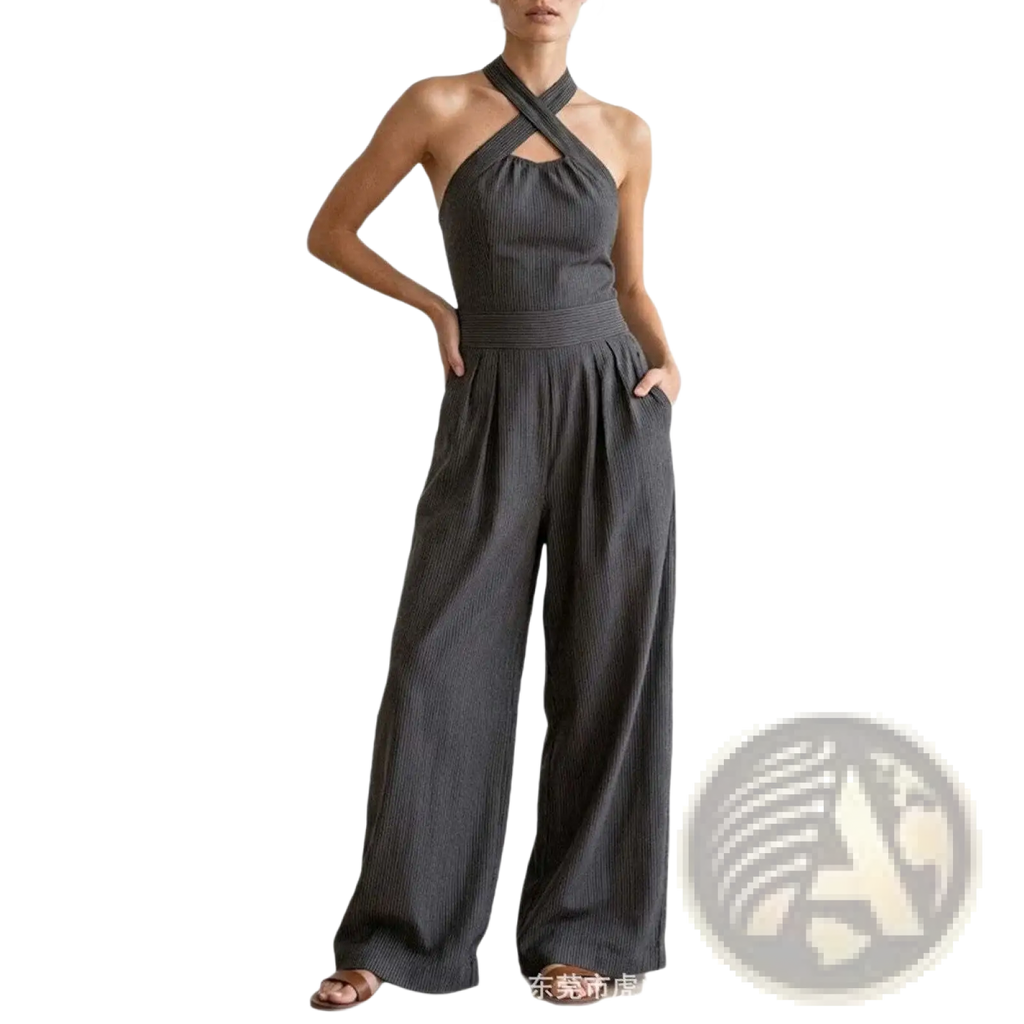 Dark gray ribbed fabric halter wide leg jumpsuit with cross back neckline shown from the back side