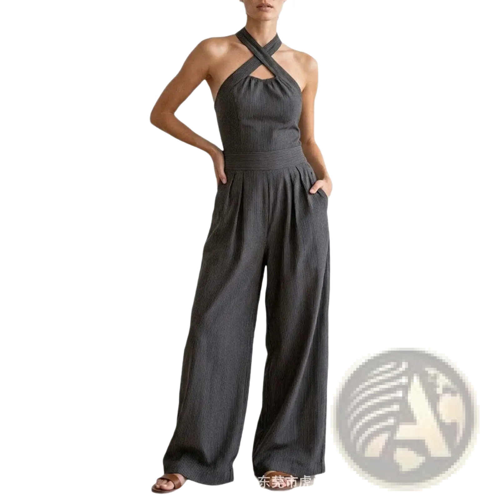 Dark gray ribbed fabric halter wide leg jumpsuit with cross back neckline shown from the back side