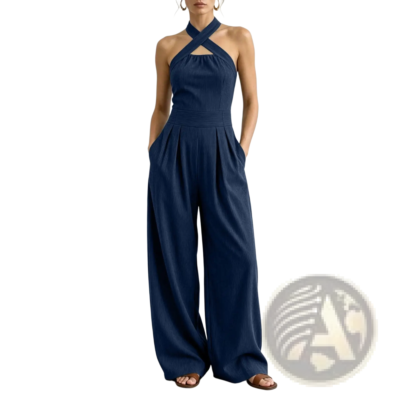 Navy blue halter neck jumpsuit with pleated waist and wide leg pants in lightweight fabric for elegant occasions