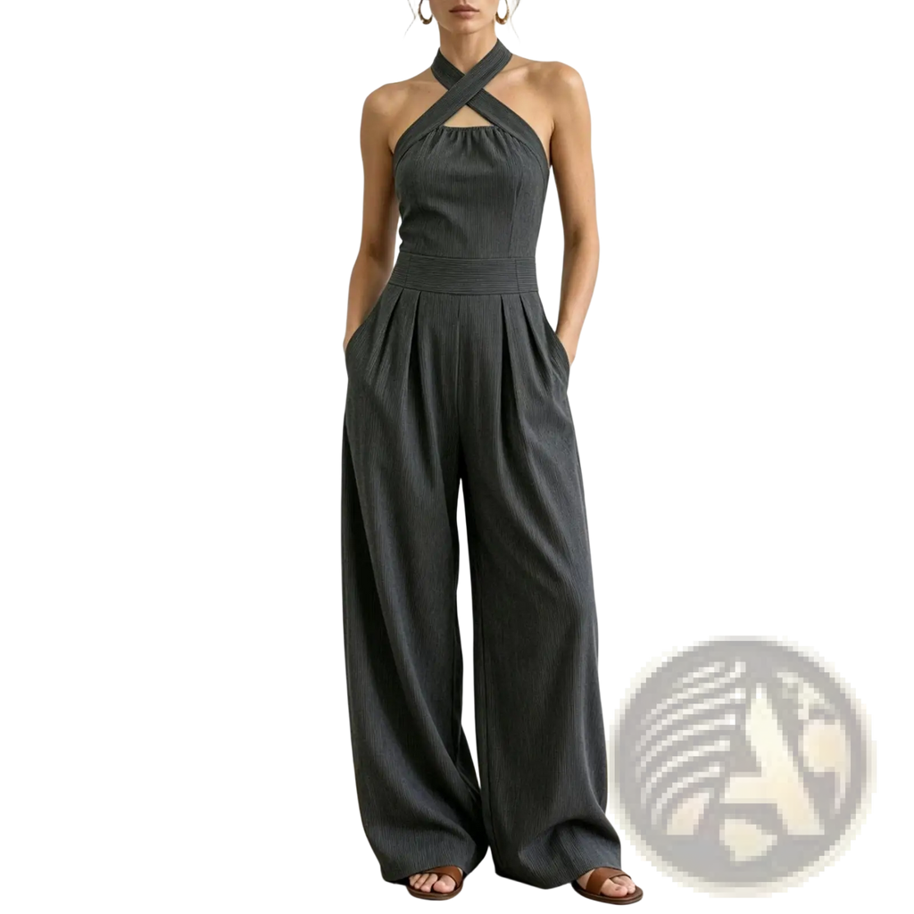 A sleek dark gray halter wide leg jumpsuit with pleated waist designed for stylish formal occasions