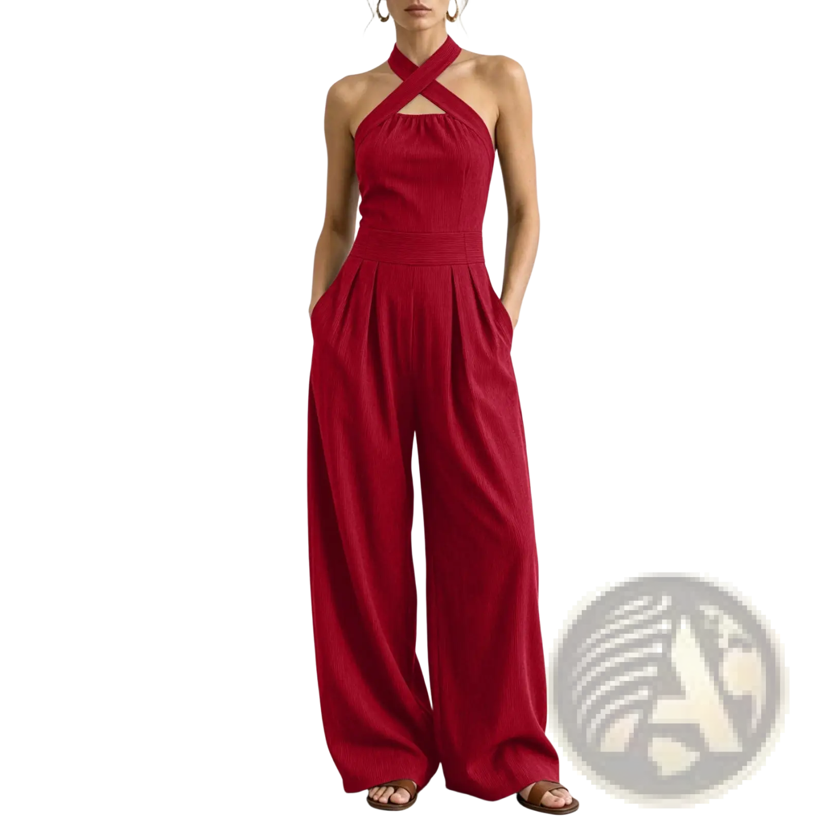 A vibrant red ribbed halter wide leg jumpsuit with cross-front neckline and wide-leg pants for stylish wear