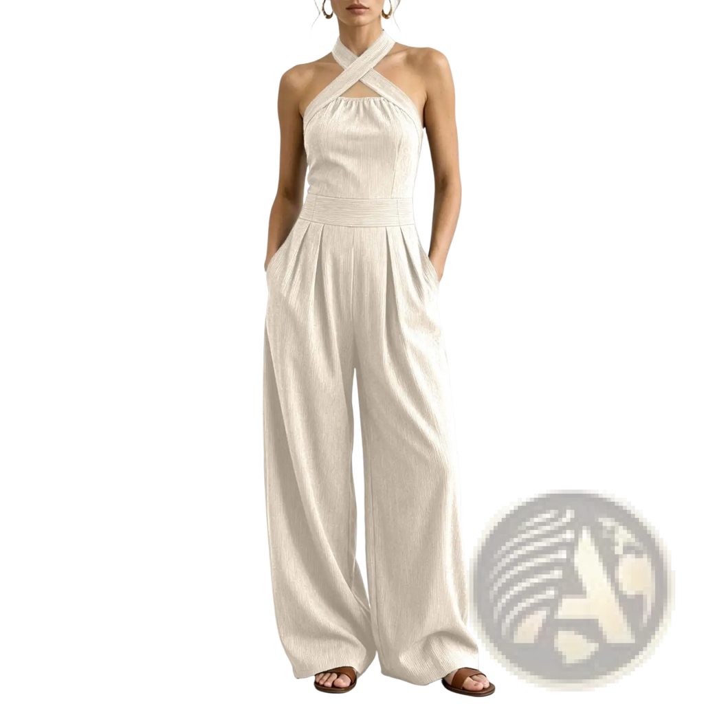 Off-white ribbed fabric halter wide leg jumpsuit with crossed neck straps and pleated waistband