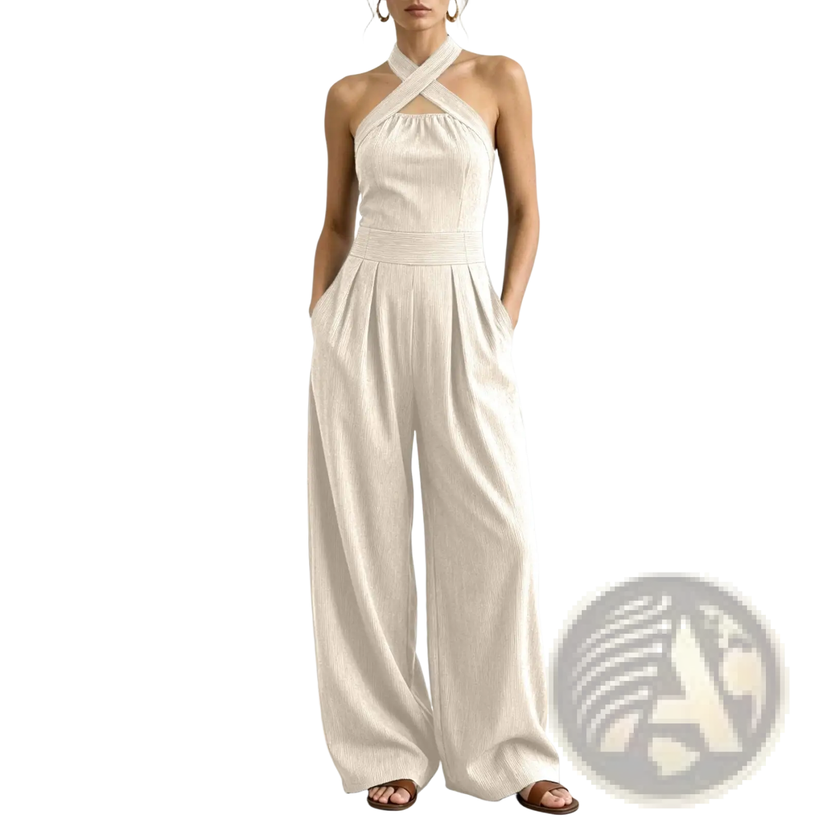 Off-white ribbed fabric halter wide leg jumpsuit with crossed neck straps and pleated waistband